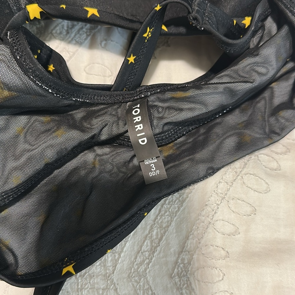 Wire-Free Bra Racerback Bikini Top Black And Yellow Star Print Sz 3X - Picture 5 of 5